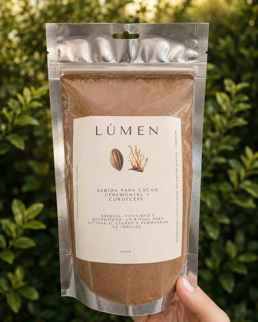 Cacao + Cordyceps de Lúmen, presentación de 250 g